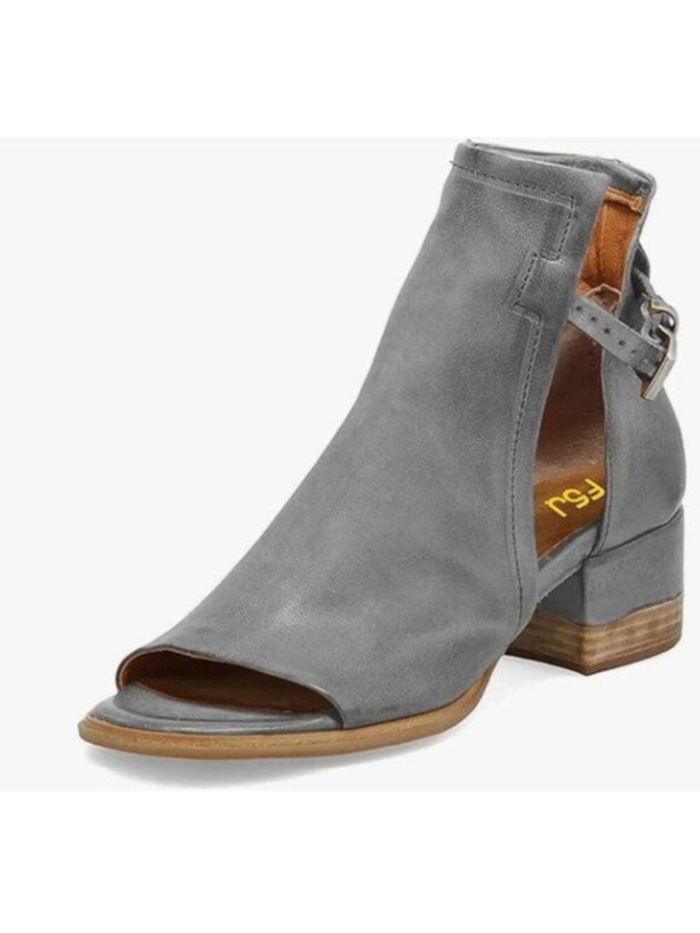 FSJ Grey Peep Open Toe Cut Out Buckle Ankle Bootie Stacked Block Low Heel Sandal